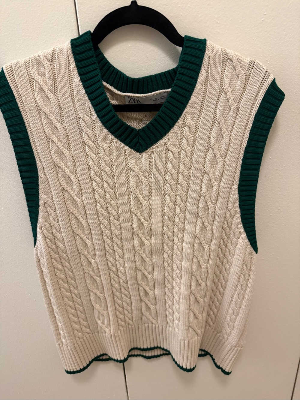 Zara Cream Cable Knit V-Neck Sweater Vest with Emerald Trim